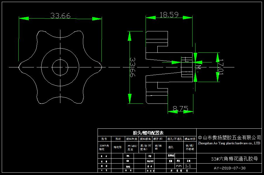 傲扬聚甲醛33#六角梅花通孔胶母图纸